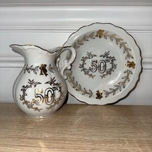 Vintage 50th Lefton China To a Wild Rose Pitcher Saucer Hand Painted Gold